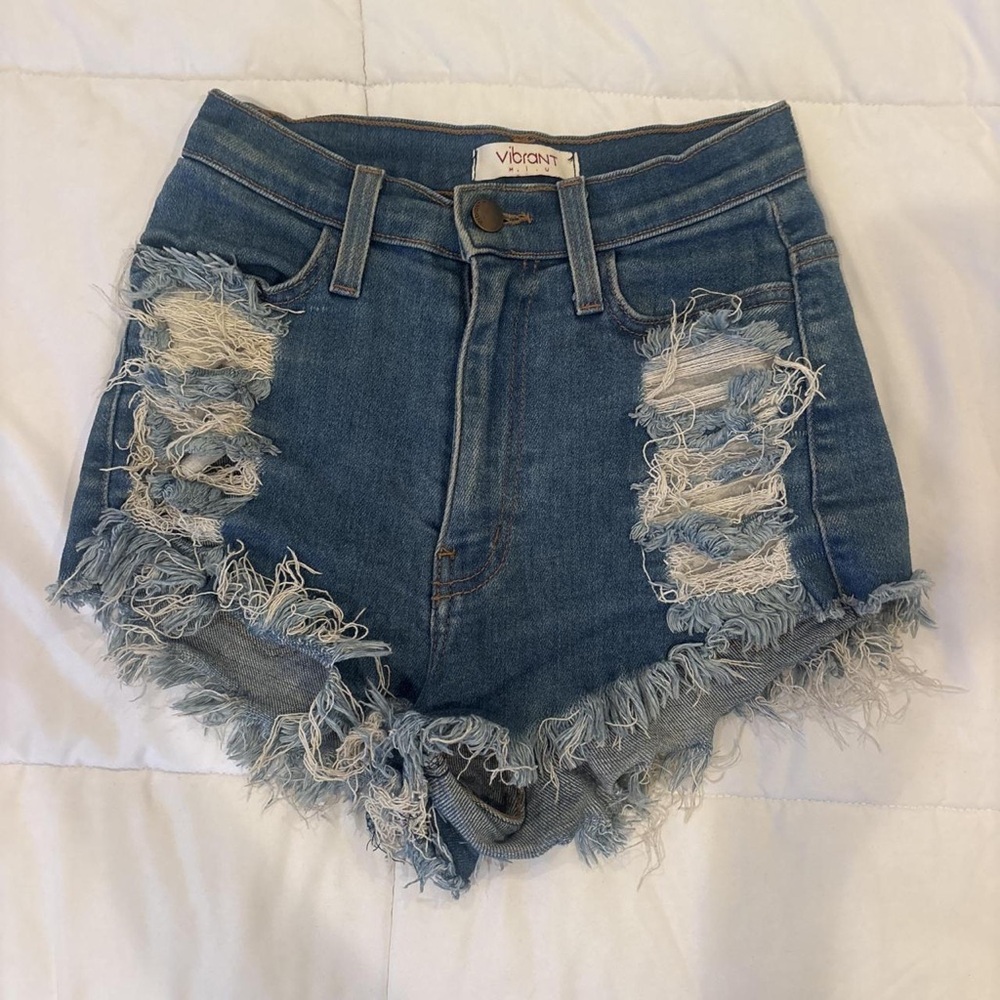 Vibrant Medium Blue Distressed Frayed Denim Shorts
